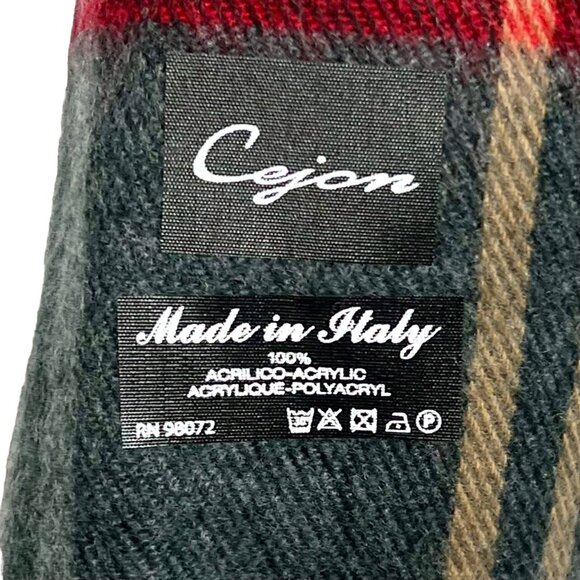 Cejon Plaid Fringe Scarf Charcoal Red Beige 100% Acrylic Italy Unisex NWT's - Picture 3 of 7